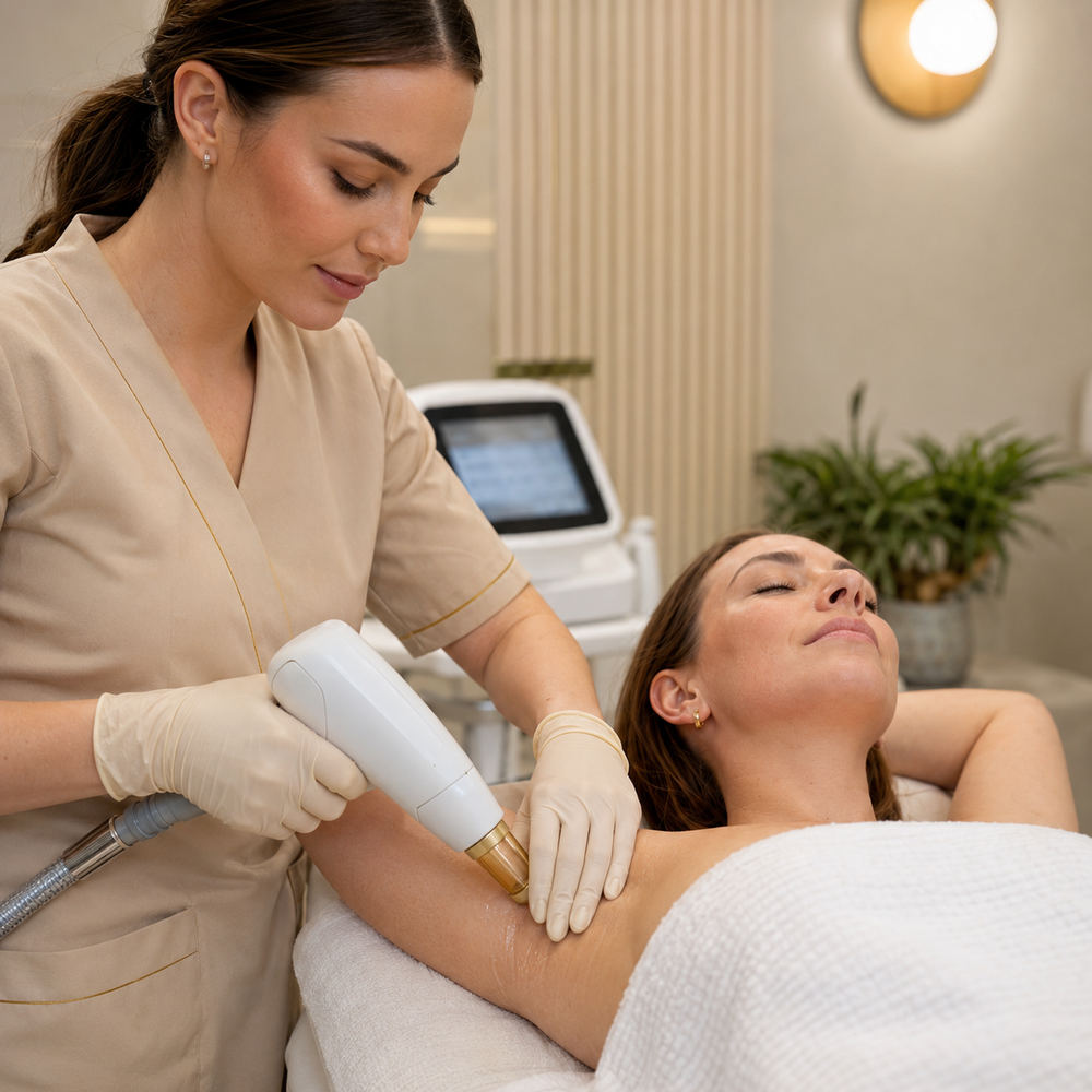 Professional underarm whitening treatment at The Salon Station Clinic for brighter, more even-toned underarms.